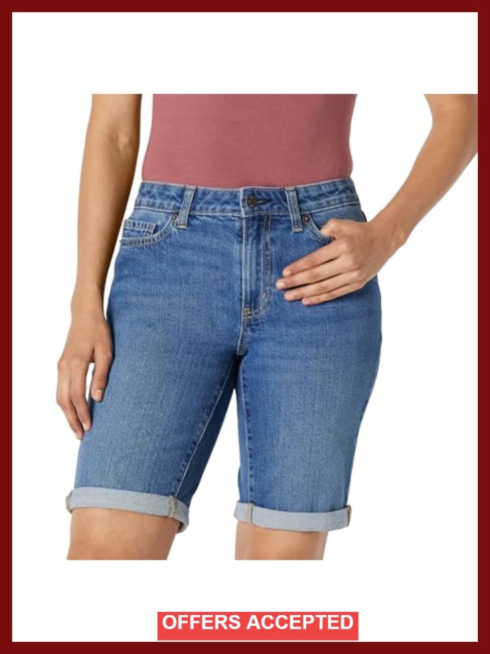 Women's Mid-Rise Stretchy Denim Bermuda Shorts with Pockets, Rolled Cuff
